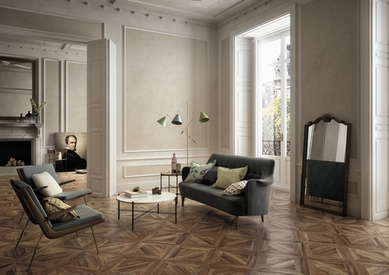 Classic vintage living room, luxury wood-effect stoneware flooring, beige and gray tones