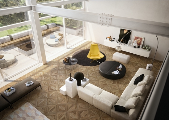 Classic open-plan living room with luxury wood-effect stoneware in beige, gray, and white tones