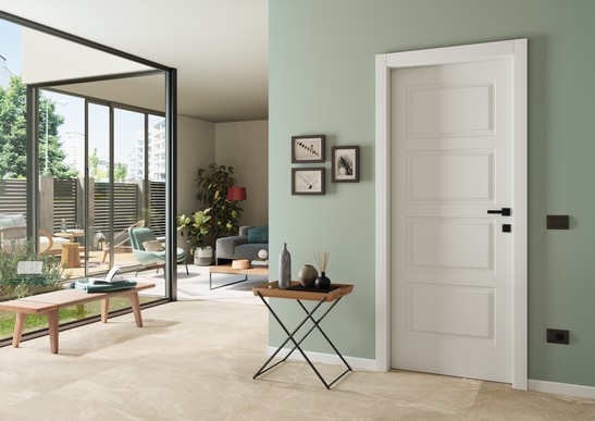 Entrée avec séjour moderne et élégant en grès cérame effet pierre beige