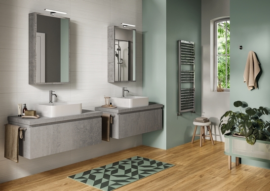 Salle de bains moderne, effet bois et béton, carrelage mural blanc 3D : une salle de bains tendance.
