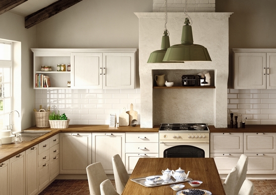 Rustic vintage corner kitchen in shades of white for a classic touch