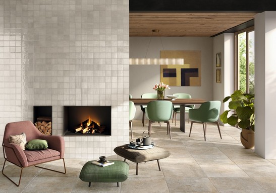 Elegant classic living room with stone-effect cladding