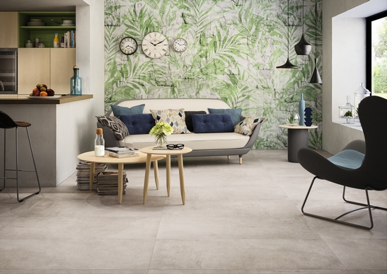 Modernes Wohnzimmer: Boden in Zementoptik und Weiß - und Grüntonen