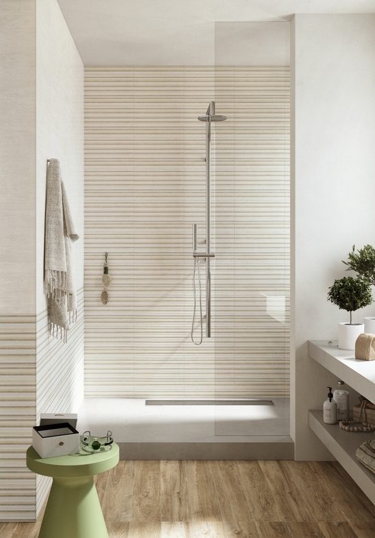Bathroom: narrow, long bathroom with shower, modern wood effect and white-beige decor.