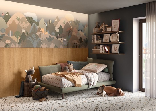 Rustikales Schlafzimmer mit Terrazzo Optik und Tapeten am Wand 