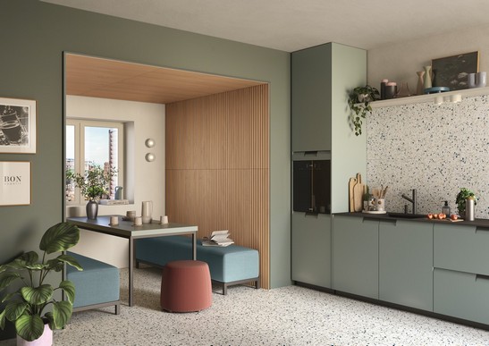 Moderne, rustikales Küche mit Fliesen in Terrazzo Optik