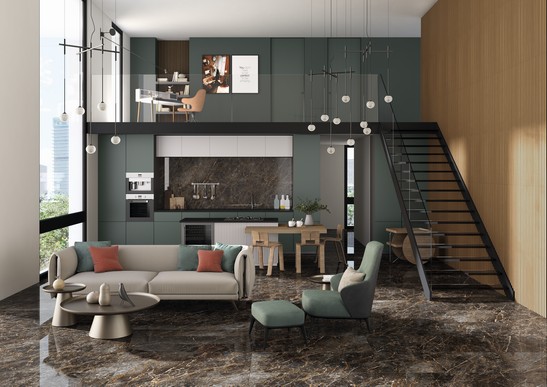 Séjour loft de luxe avec sol imitation marbre et revêtement en bois pour une touche moderne