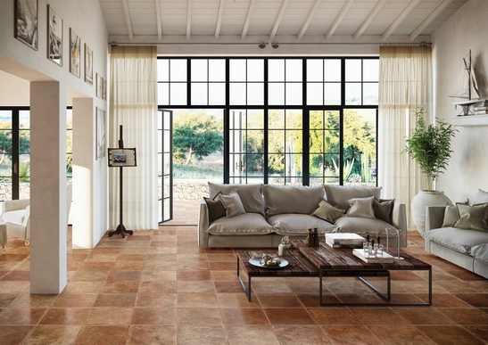 Rustikales Wohnzimmer: Boden aus Feinsteinzeug Antico in Terracotta-Optik