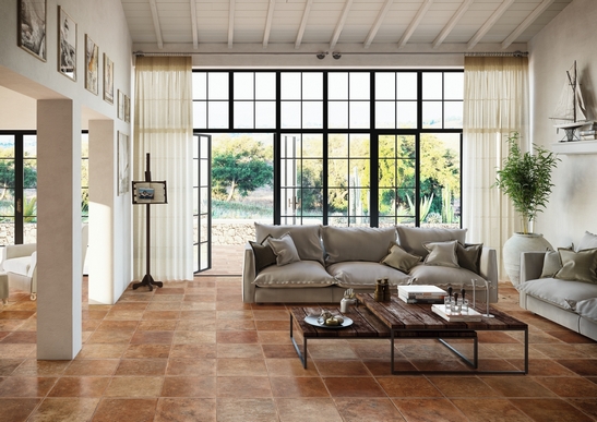 Rustic living room: red antique terracotta-effect stoneware flooring