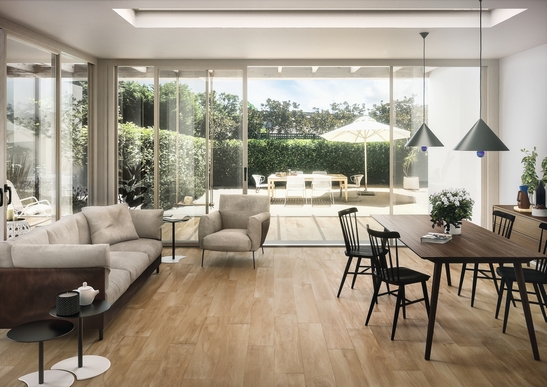 Modern living room, wood-effect stoneware flooring and beige tones, white for a rustic touch