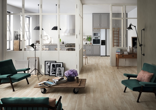 Modern living room, wood-effect stoneware flooring and white tones, gray for a rustic touch