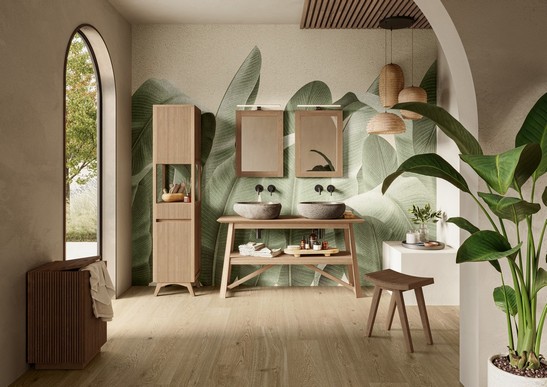 Modern rustic-style bathroom with wallpaper