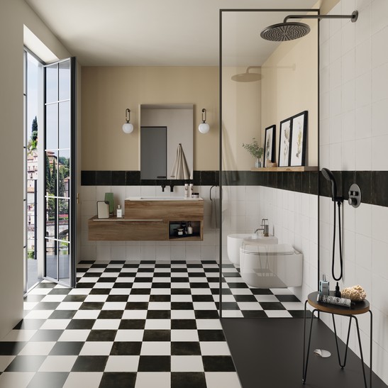Modern vintage bathroom with shower and cement-effect flooring.
