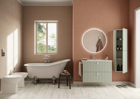 Classic modern vintage bathroom with white wood effect flooring