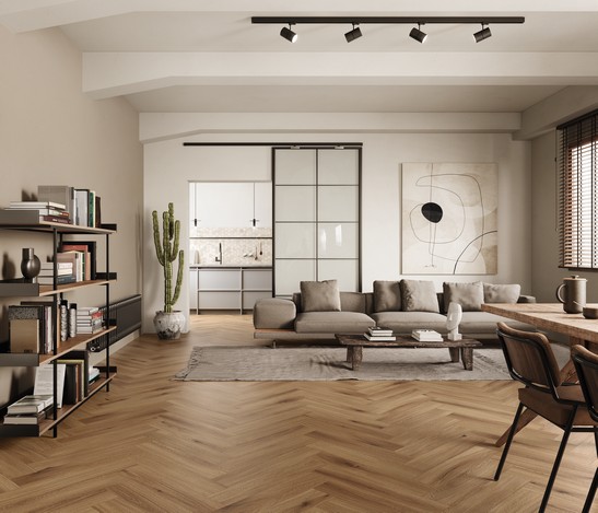 Séjour moderne de luxe avec cuisine, sol en spc effet bois chevron marron