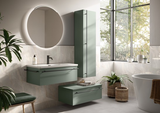 Salle de bains moderne avec vasque effet marbre tons de gris