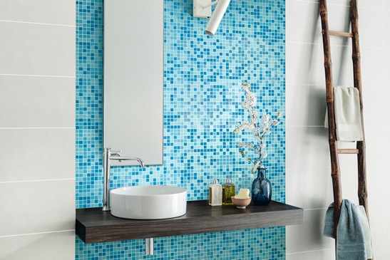 Small colorful modern bathroom with blue mosaic