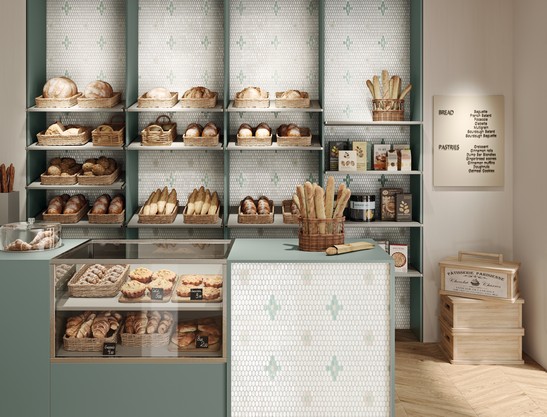 Boulangerie vintage avec revêtement mosaïque