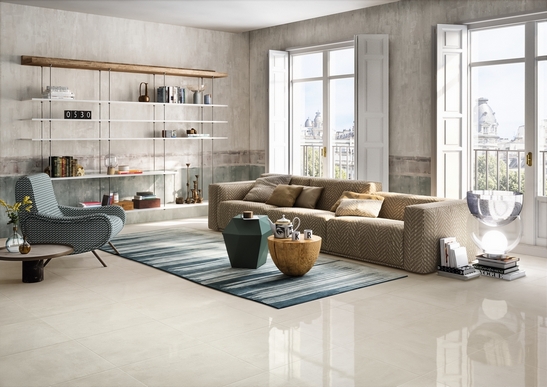 Modern living room, luxury concrete-effect stoneware flooring, shades of white.