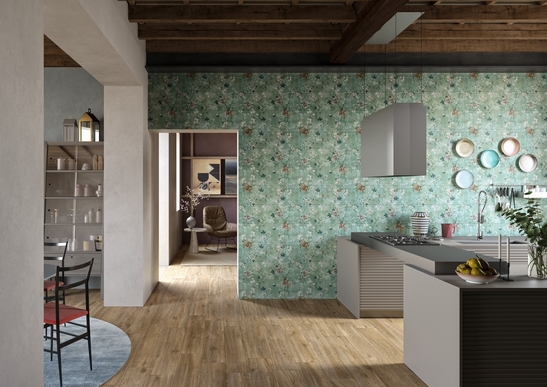 Rustic kitchen with peninsula. Wood-effect and shades of green for a vintage kitchen