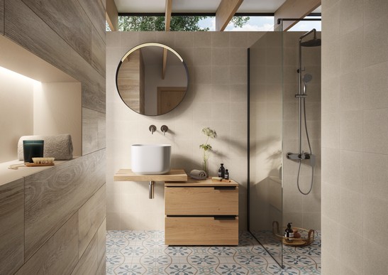 Small modern bathroom with shower and beige wood-effect wall tiles