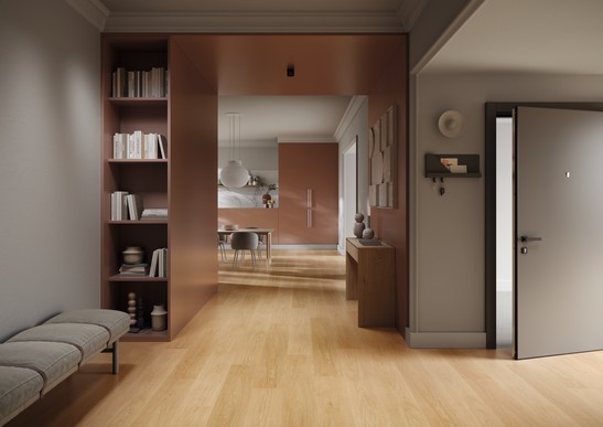 Modernes Wohnzimmer mit Eingang in Rose-Farbtönen mit Boden Holzoptik hell