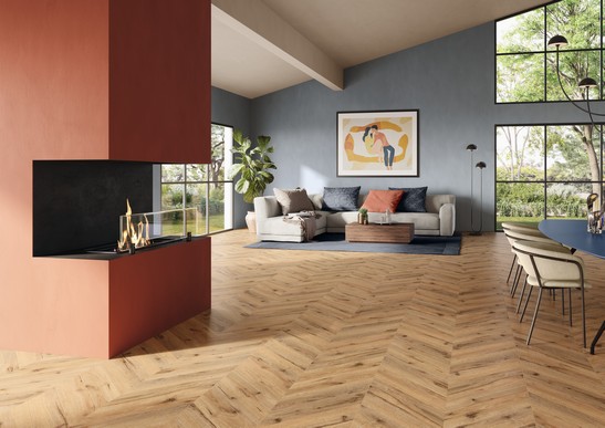 Séjour de luxe moderne avec cheminée et murs colorés, sol pvc effet bois marron