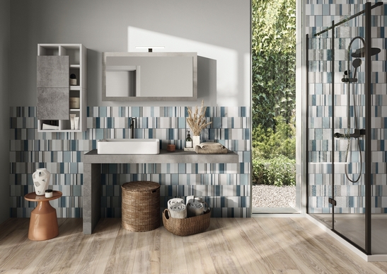 Modern bathroom with shower. Blue and white geometric decorations and rustic wood effect