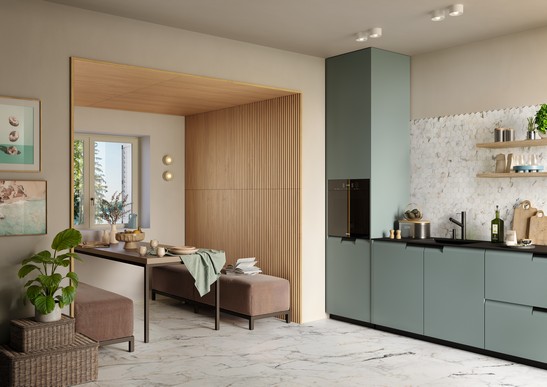 Cuisine colorée moderne et élégante avec mosaïque hexagonale en grès cérame effet marbre blanc