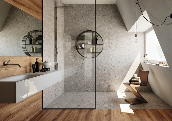 Modern luxury bathroom with shower. Rustic wood and minimalist gray stone effect