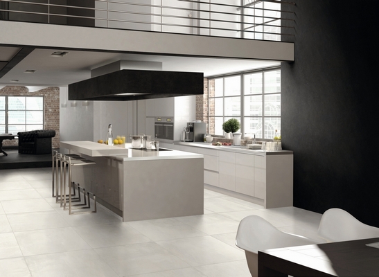 Cuisine moderne ouverte avec îlot central : effet béton et détails blancs pour une touche de luxe.