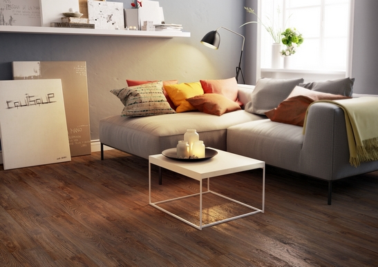 Elegantes kleines Wohnzimmer: Rustikaler PVC-Boden in Holzoptik und Grautöne
