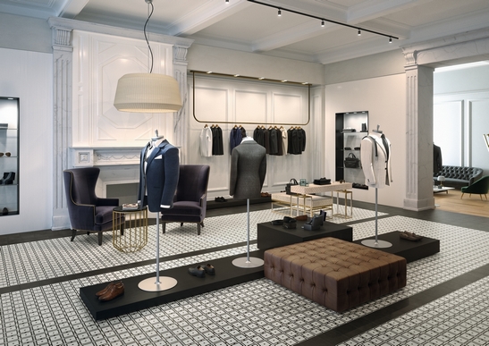 Modern classic-style store with vintage black and white cement-effect stoneware flooring