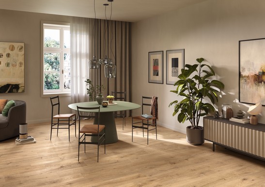 Séjour classique et moderne avec carrelage grès cérame effet bois beige