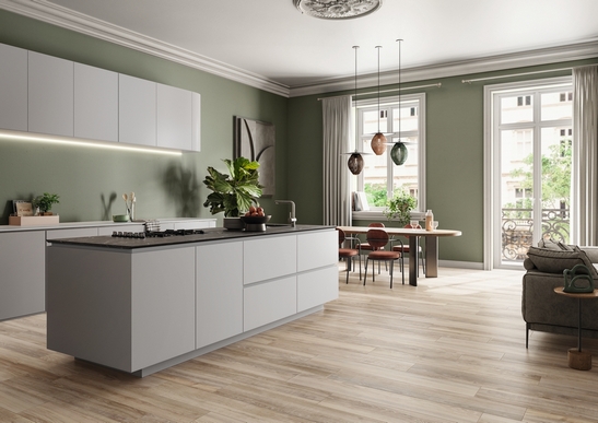 Cucina moderna minimal con isola open space su soggiorno: effetto legno e toni di grigio e beige