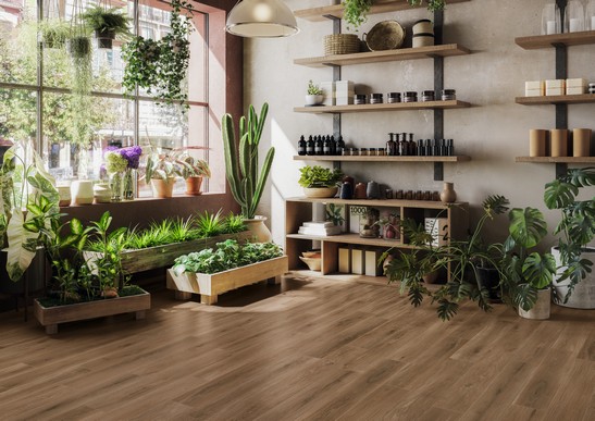 Modern store with dark brown wood-effect flooring for a rustic touch