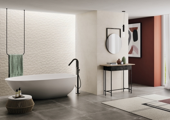 Modern bathroom with shower. Luxury white 3D wall tiles and gray concrete-effect wall tiles