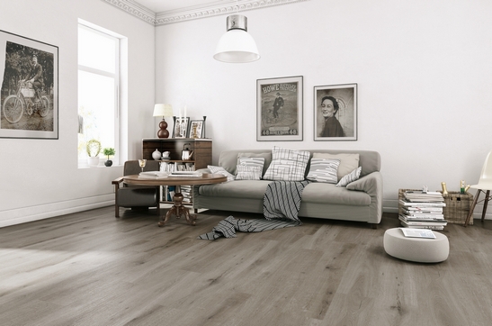 Séjour moderne : sol effet bois gris et tons de blanc pour une touche minimaliste.