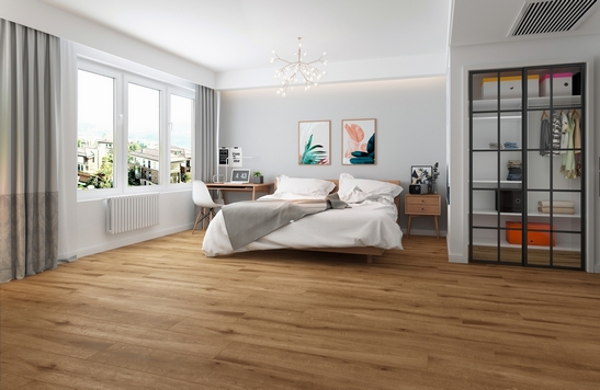 camera da letto moderna e minimal, pavimento in PVC effetto legno marrone