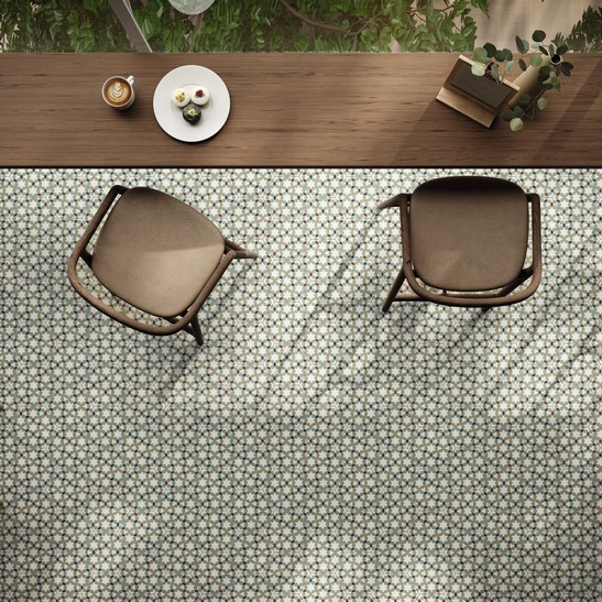 Modern restaurant bar with colorful tile flooring