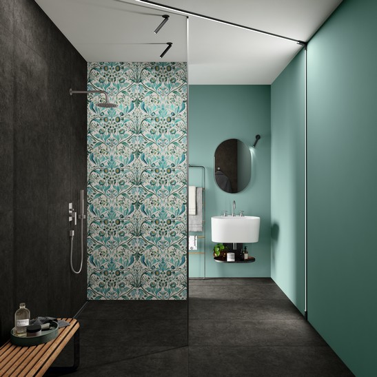 Kleines Badezimmer in Grün- und Schwarztönen, Zementoptik Feinsteinzeug für einen industriellen Hauch