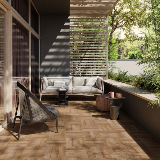 Modern balcony with wood-effect flooring for a modern touch