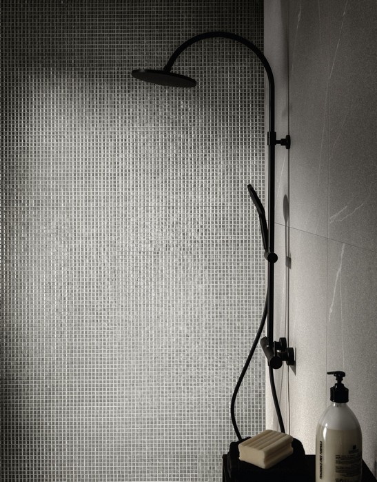 Salle de bains moderne style industriel minimaliste avec douche en mosaïque gris platine 