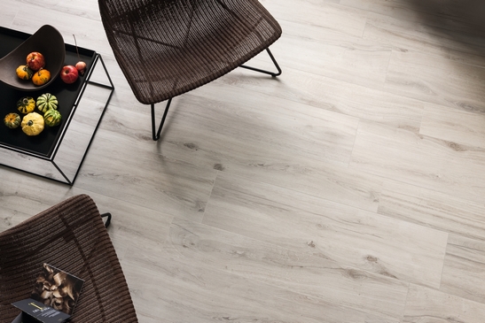 Séjour moderne : sol effet bois blanc pour une touche rustique.