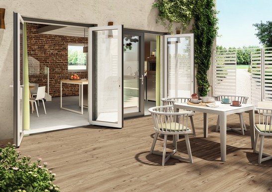 Modern and traditional exterior, wood-effect terrace