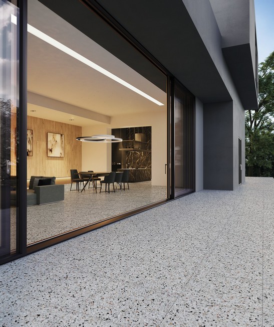 Modern exterior, patio with terrazzo-effect flooring