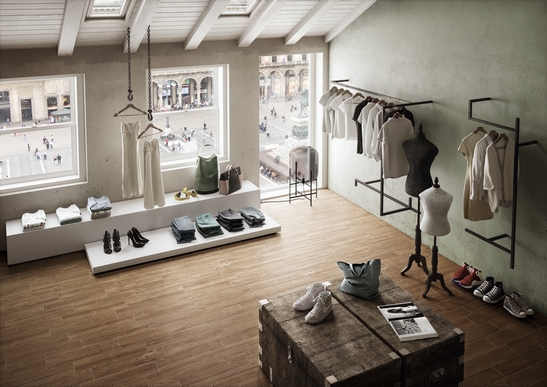 Modern store with vintage beige wood-effect stoneware flooring