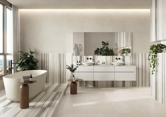 Modern luxury industrial-style bathroom with bathtub 