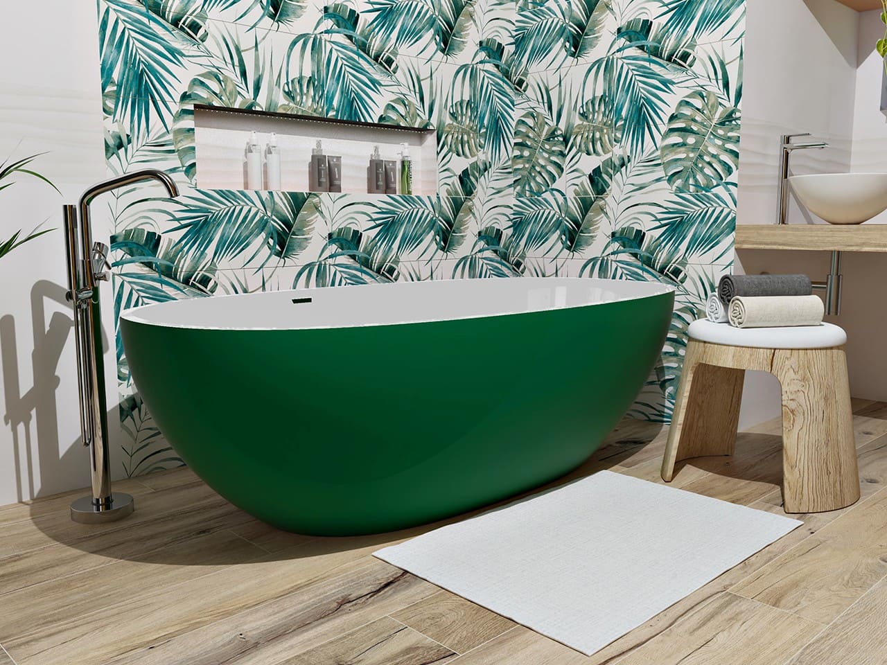 Vasca da bagno freestanding in solid surface con esterno verde