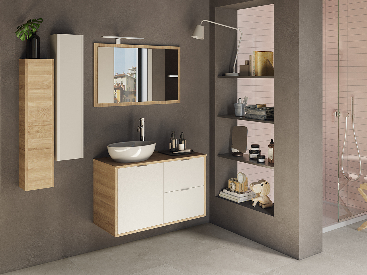 Due diverse finiture – bianco o effetto legno – per rendere più dinamico il design del bagno